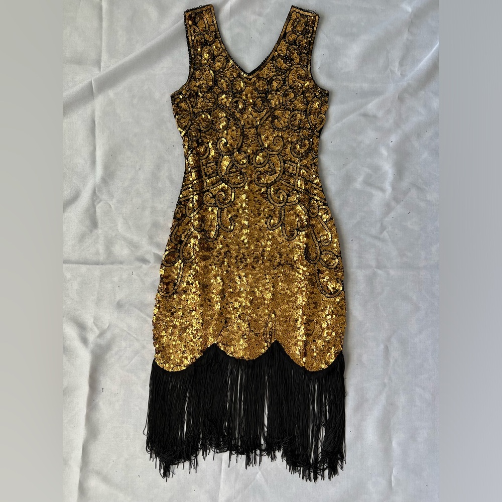 Gold Sequin Dress with Fringe